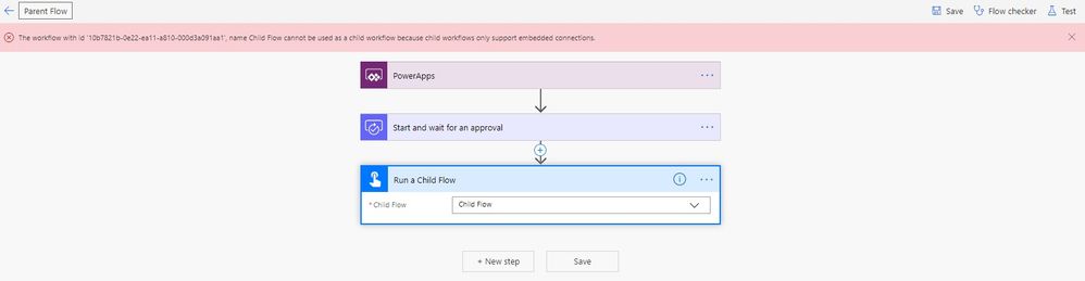Error says: child flows only support embedded connections