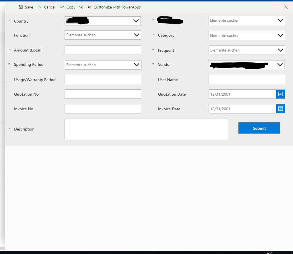 This is the form I created via Customize forms > Powerapps