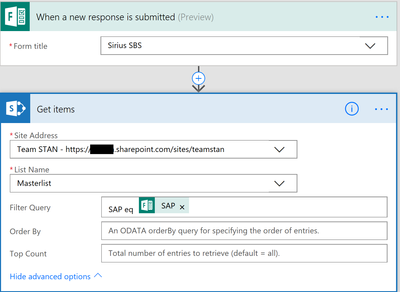 Sirius SBS form should populate the SBS Sharepoint List. But I need it to check if SAP exists in the Masterlist table.