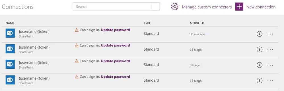 In web.powerapps - the user is able to see these connections being created improperly. Each on depicts the time the user deleted powerapp and re-installed it.