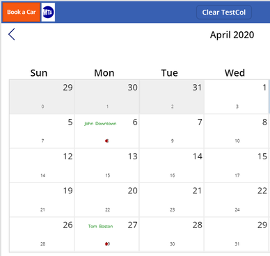 Powerapps calendar.  Tom Boston which is a two day event shows only on 27.