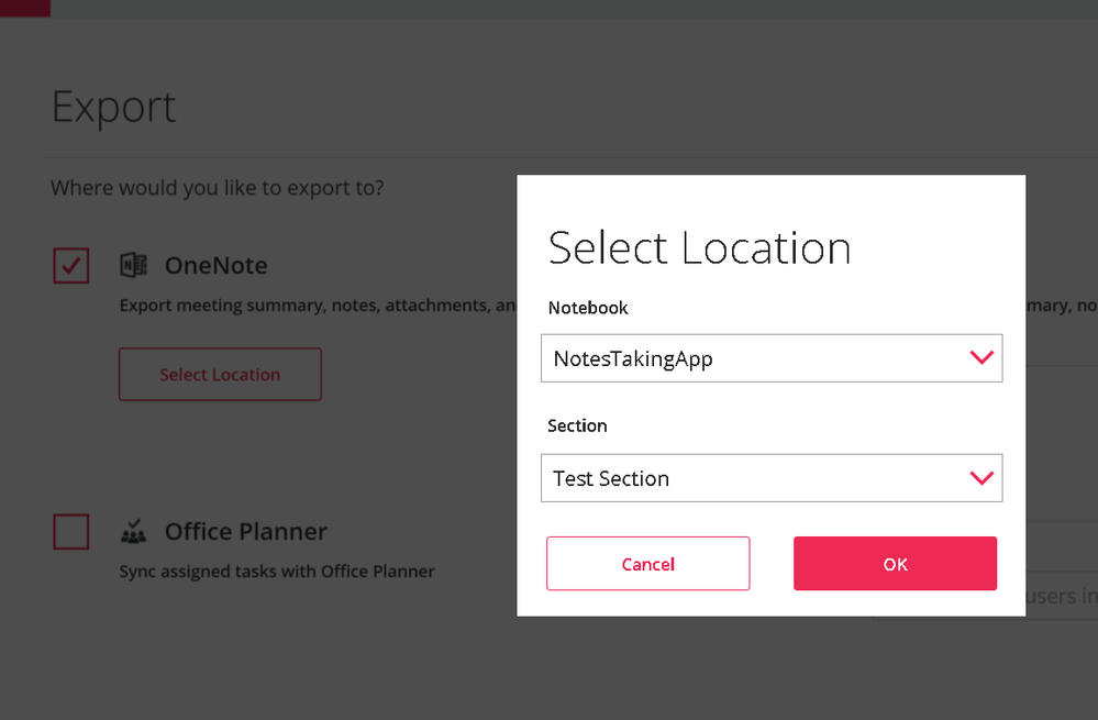 I am able to select a OneNote notebook and section.