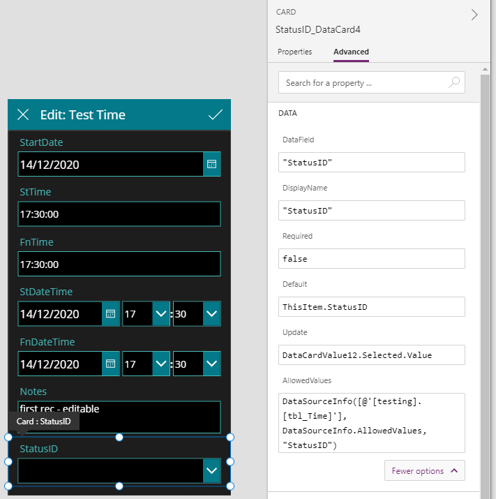 Power Apps Test Time StatusID Dropdown.png