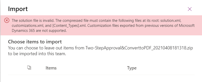 Import Flow Package to Teams Error Message