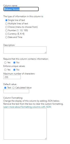 list settings for release version in sharepoint