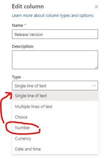 column edit property for release version in sharepoint