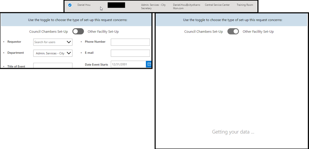 Top: Selecting list entry. Left: Blank form. Right: "Getting your data..." behind toggle.