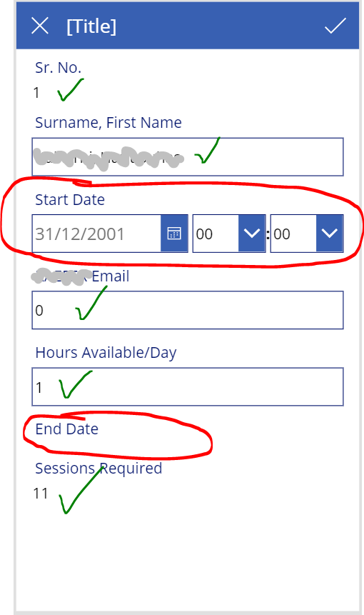 PowerApps screenshot. As you can see for other fields correct data is visile but for START DATE and END DATE field default data and no data is shown. One thing to notice is when I added the field of data in forms it created the date field in this format which I think is probably DD/MM/YYYY hh:mm. This is strange because the format type in the source excel was date.