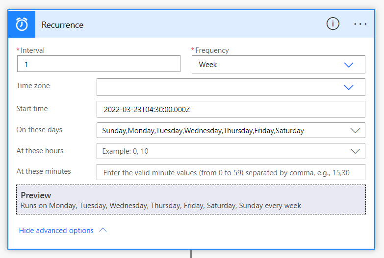 Select Schedule Recurrence Cloud Flow
