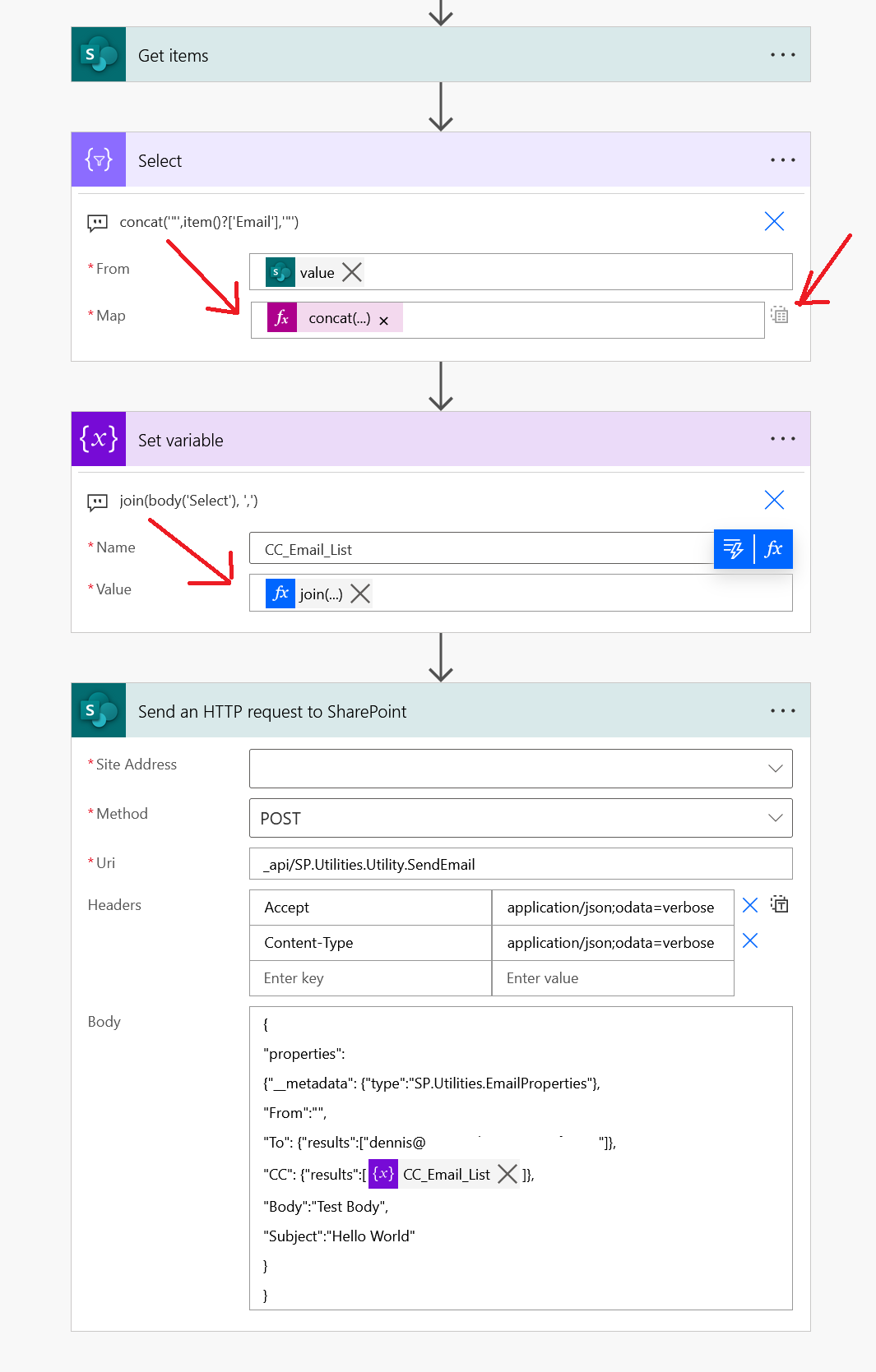 Solved: SharePoint HTTP connector - JSON syntax for 'To' a... - Power  Platform Community