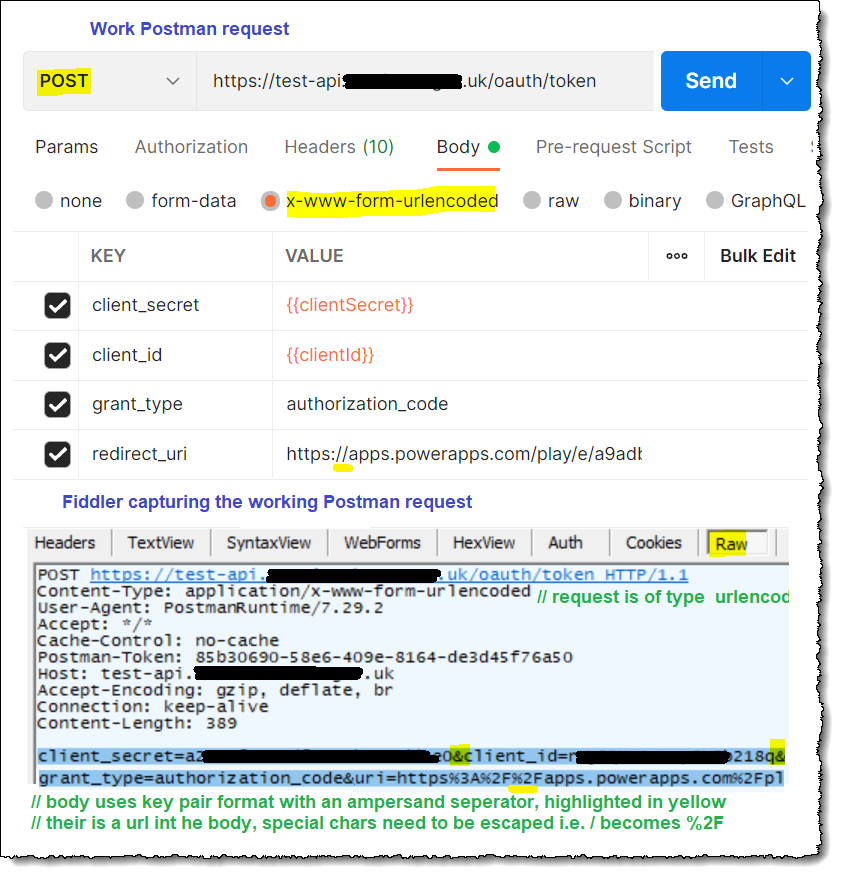 Working Postman request to capture the underlying http request formatting
