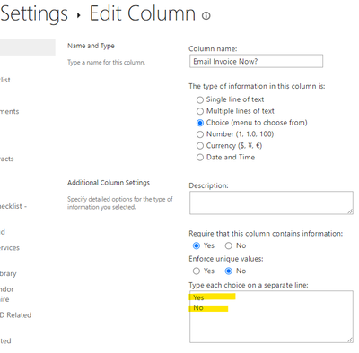 SharePoint column settings