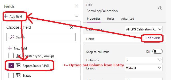 Adding Option Set column to the form using built-in form editor