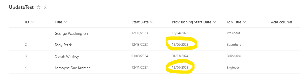 List View of Items with employee start dates