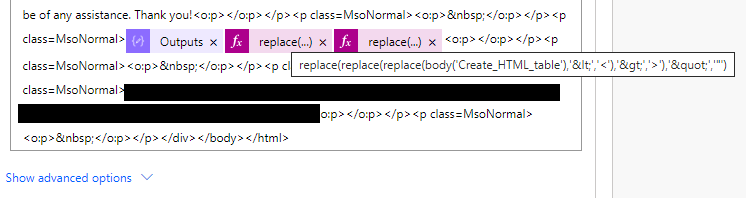 This is from the body of my email to account for the other HTML manipulations we do in our Select action.