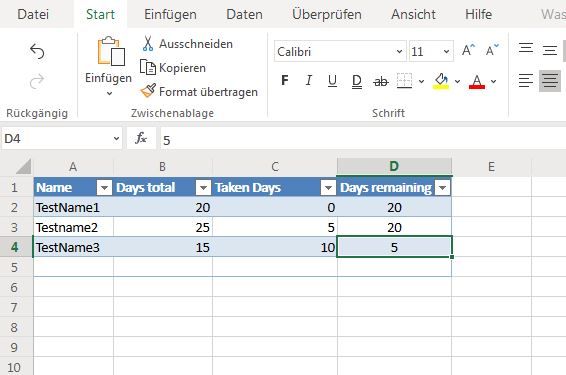 The Excel-File with names and their vacation days